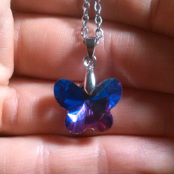 Magic Color Crystal Butterfly Brass Pendant Stainless Steel Necklace - Picture 12 of 16